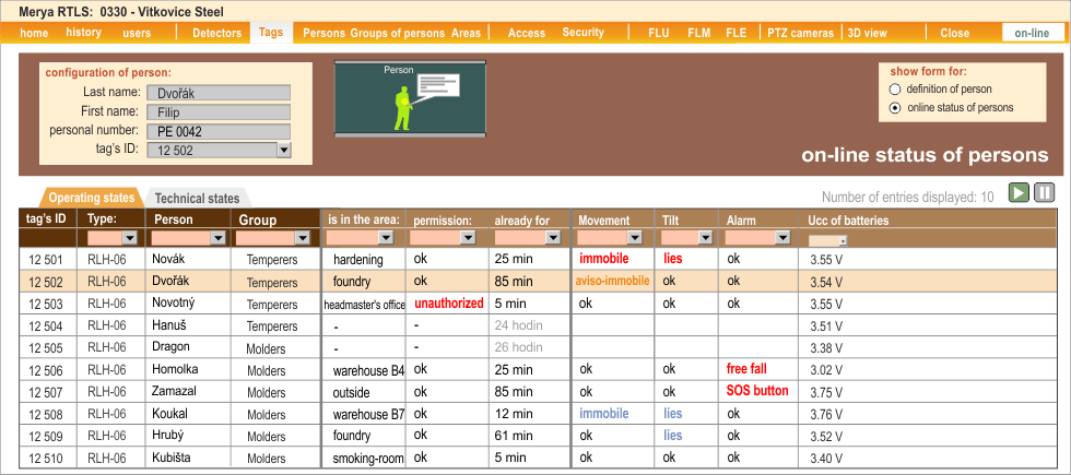 fig. A - Online indication of tags' states in Merya RTLS software