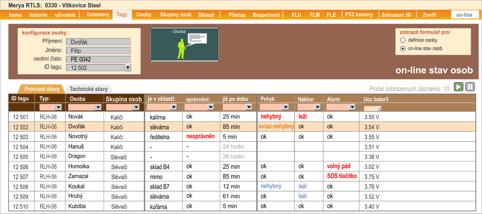 obr. A - Indikace stavu tagů on-line v programu Merya RTLS