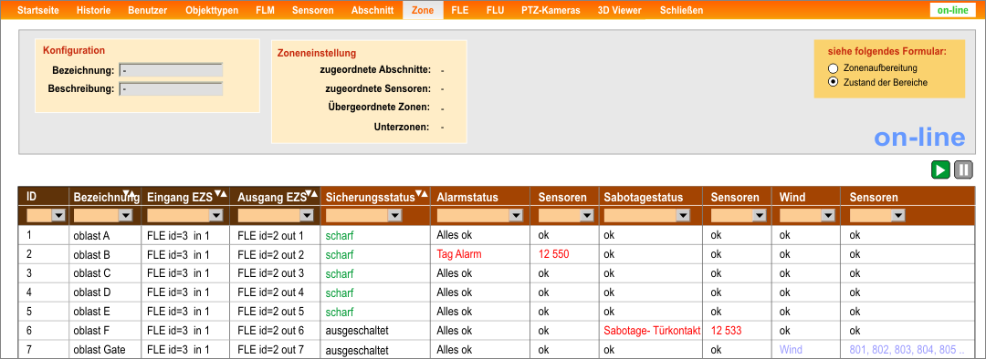 Abb. 13 - Betriebsbildschirm für PCO-Disponenten (Bereiche der Online-Agenda)