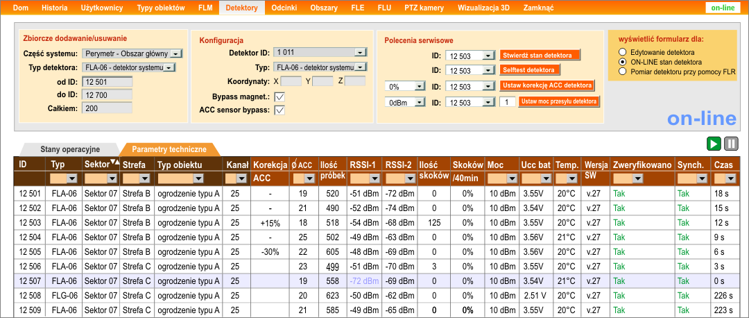 Rys. 15 - Ekran operacyjny dla techników (agenda on-line detektorów)